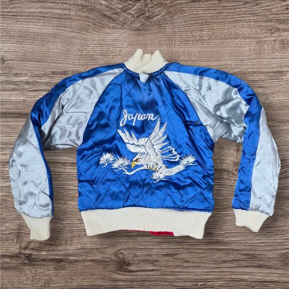 1950s Japan Sukajan Kids Jacket Reversible Red Velvet Blue Satin Tiger Eagle - Picture 12 of 15